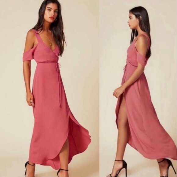 Reformation Jules Strawberry, Cold Shoulder Wrap Maxi Dress - Size 6 - Picture 3 of 8